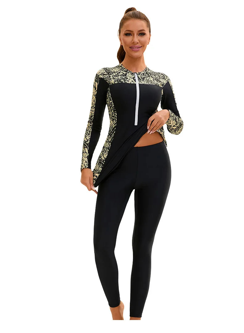 Modest Printed Swimwear Set Women's Long Sleeve Zip-Up Burkini with Skirt & Pants