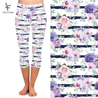 High Elastic Capri Leggings High Waist Flowers Print  Mid-Calf 3/4 Stretch Women Leggings for Summer