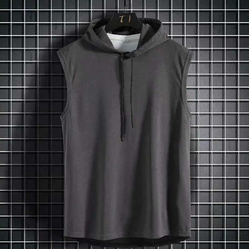 Ice Silk Summer Muscle Hoodie Vest Sleeveless Bodybuilding Gym Workout Fitness Shirt High Quality Vest Hip Hop Sweatshirt Tops