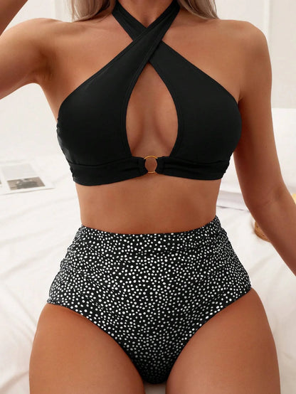 Women Push Up Bikini Dot High Waist Swimsuit Women Criss Cross Bandage Bikini Set Female Beachwear Bathing Suit Biquini