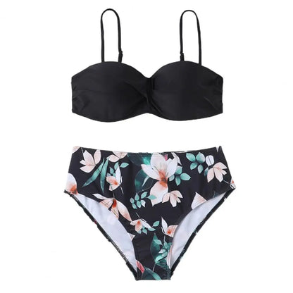 Women Bikini Set Solid Color Underwire Padded Push-Up Split Bikini Bra Print High Waist Bottoms Swimsuit Women Bathing Suit
