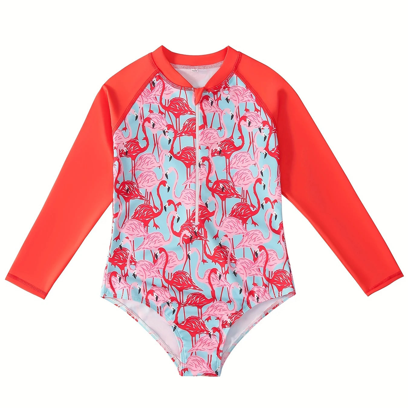 Bikini Cut Bottom Swimwear Kids Girl Orange Long Sleeve Swimming Suit Animal Flamingo Print Beach Teens Summer Swimsuit