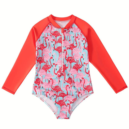 Bikini Cut Bottom Swimwear Kids Girl Orange Long Sleeve Swimming Suit Animal Flamingo Print Beach Teens Summer Swimsuit