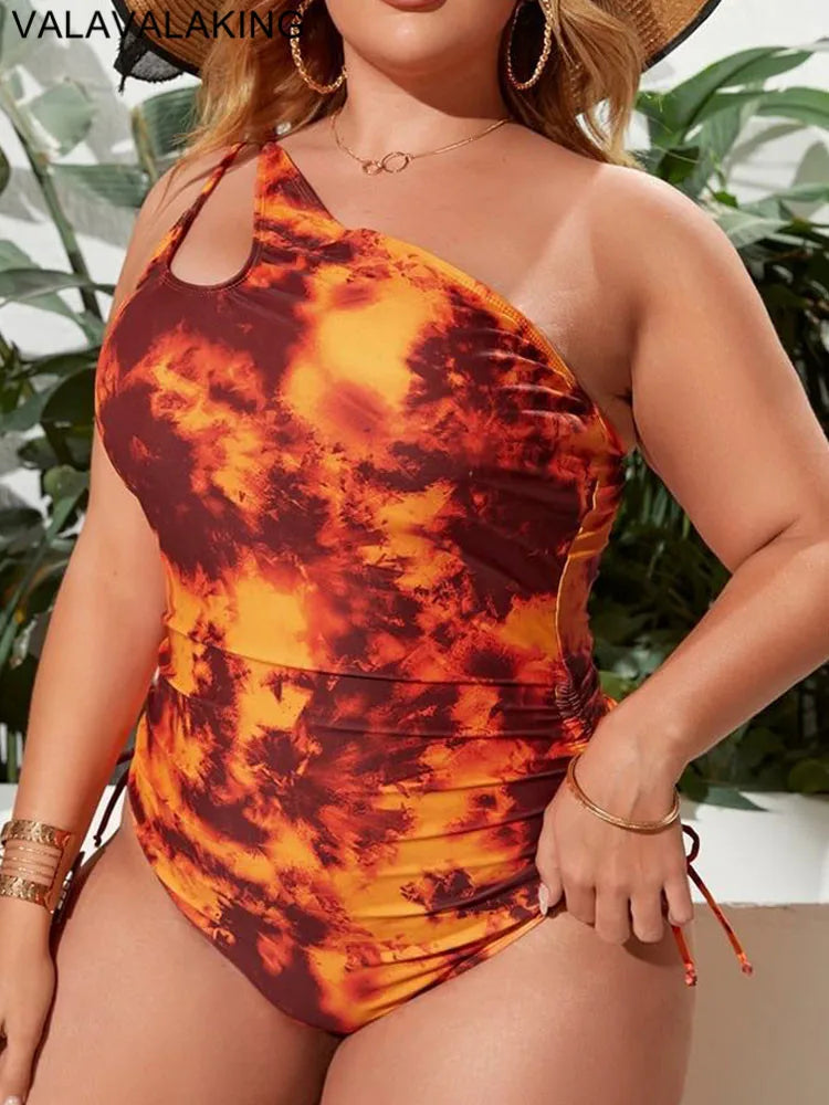 Orange Print One-shoulder Plus Size Swimwear Women Hollow Push Up Large One-Piece Swimsuit Beach Lady Curvy Bathing Suit