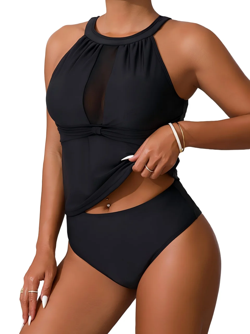 Halter Tankini Mesh Black Swimsuit Women Two Pieces Triangle Swimwear Female Bathing Swimming Suit Padded Beachwear Summer