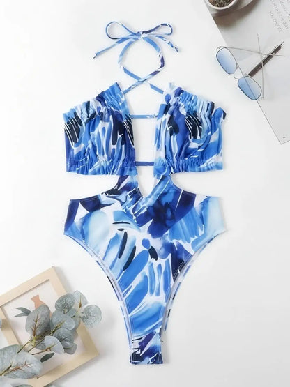 High Cut Out Swimsuit Women One Piece Halter Ruffle Swimwear Female Monokini Bathing Swimming Suit Padded Beachwear