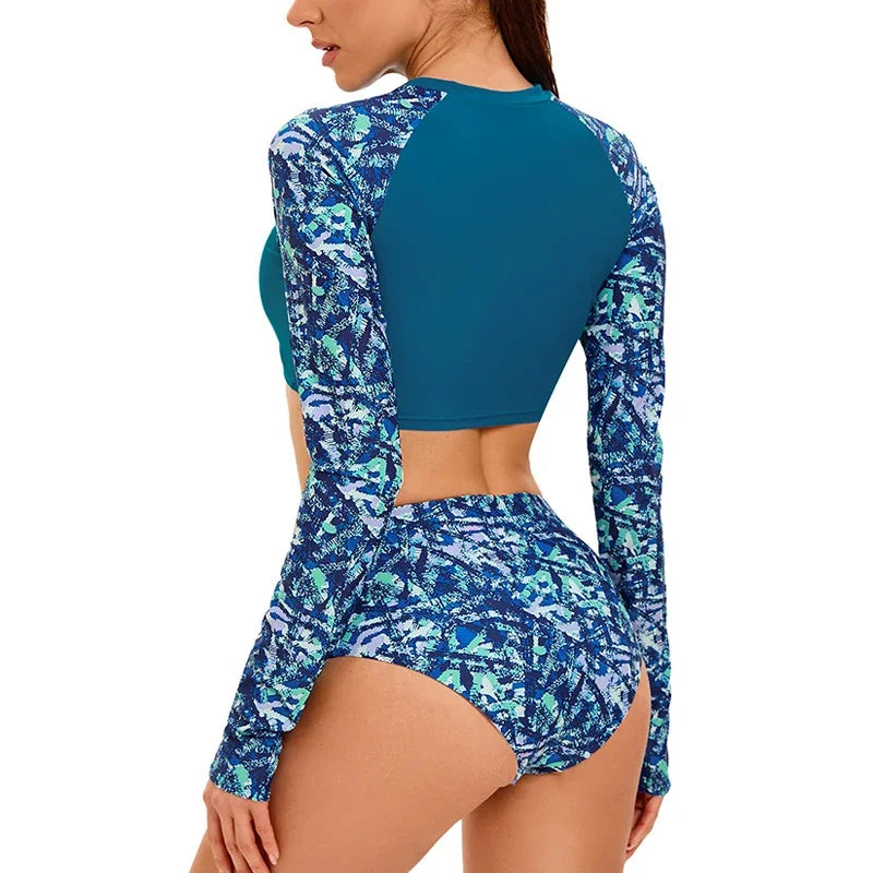 Long Sleeve Print Swimsuit Women 2-Piece High Waist Surfing Suit Bikini Round Neck Bathing Suit Summer Beach Swimwear