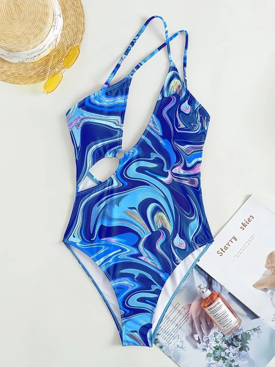 One Shoulder One Piece Ring Linked Swimsuit Women Hollow Printed Swimwear Female Bathers Bathing Swimming Suit Beachwear