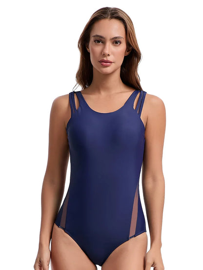 Women's Modest Square-Leg Swimsuit, Color-Block Wetsuit, Sports Round-Neck Sleeveless Swimwear Bathers