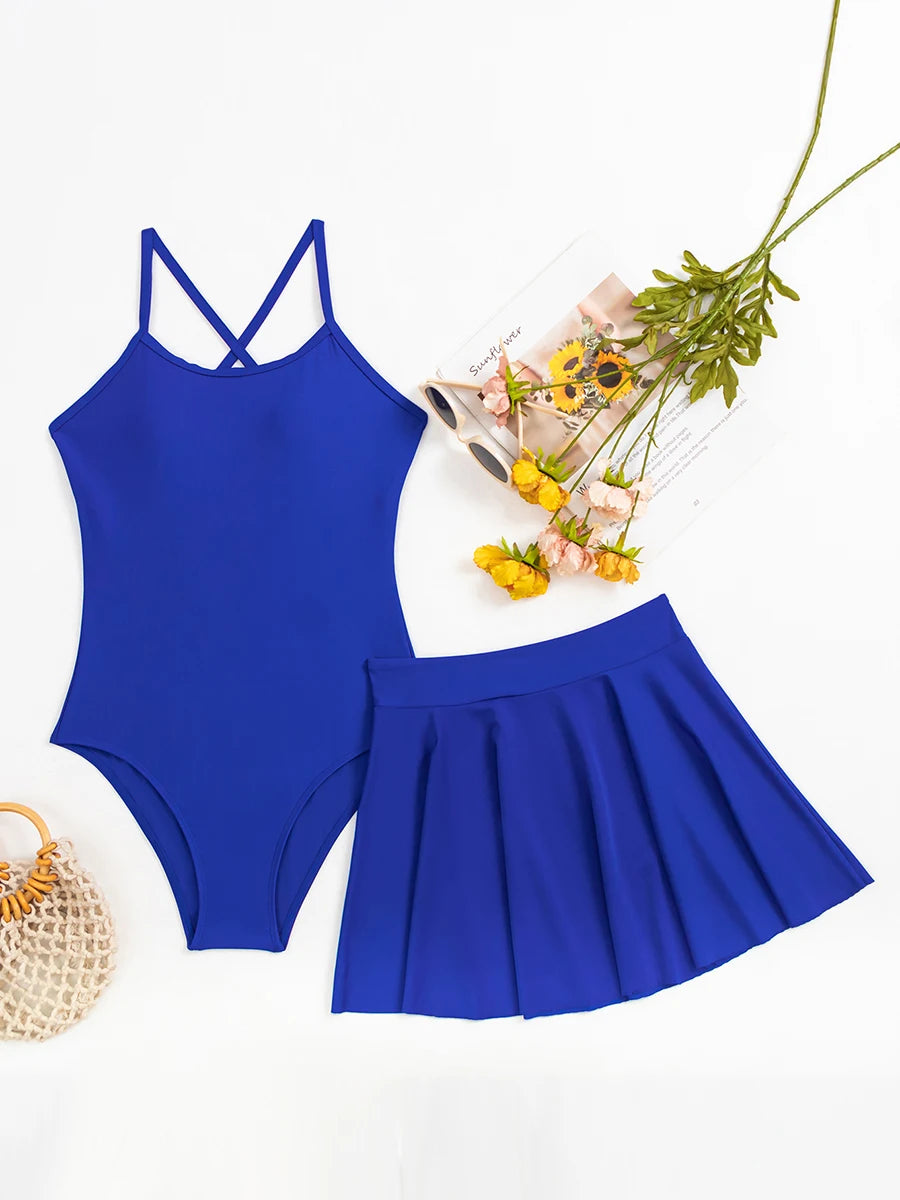 Blue Swimsuit Women One Piece With Beach Skirt Solid Swimwear Female Beachwear Bathers Bathing Swimming Swim Suit