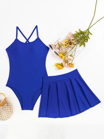 Blue Swimsuit Women One Piece With Beach Skirt Solid Swimwear Female Beachwear Bathers Bathing Swimming Swim Suit