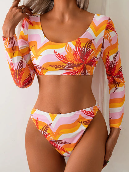 Vintage Orange Floral Print Bikini Set Swimwear Women Sunscreen Long Sleeves Back Cross Push Up Top High Waist Swimsuit XXL