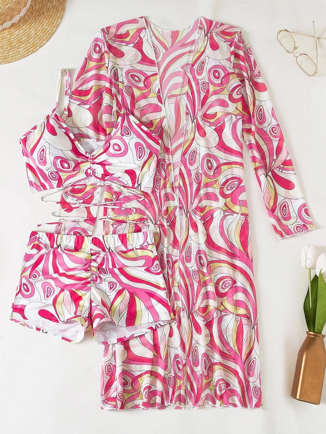 3 Pieces  Print Bikini Women High Waist Swimsuit Cover Up Swimwear Female Lady Bathing Suit Swimming Summer Beachwear