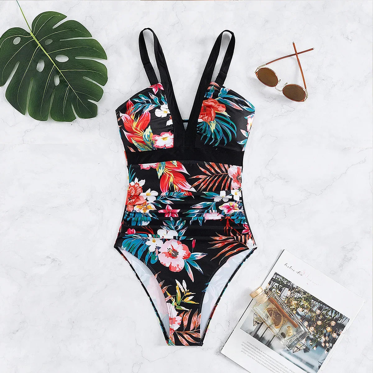 One Piece Swimsuit Women Swimwear Push Up Monokini Plunge Bathing Suit Floral Bodysuit Beach Wear Female Swimsuit