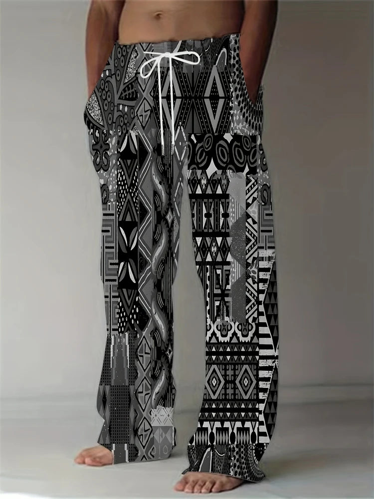Fashion Men's Casual Pants Vintage Ethnic Print Men's Casual Pants Beach Travel Wide Leg Pants Street Oversized Men's Trousers