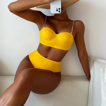 Chain Strap Bikinis  Women Solid Push Up Swimsuit High Waist Swimwear Female  Bathing Suit Swimming Summer Beachwear