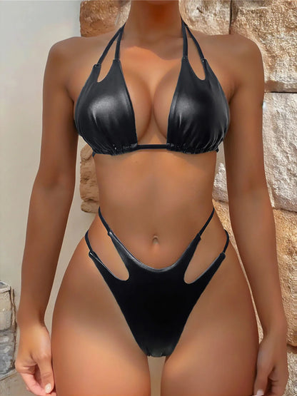 S - XL PU Faux Leather Scrunch Butt Bikini Women Swimwear Female Swimsuit Two-pieces Bikini set Bather Bathing Suit Swim