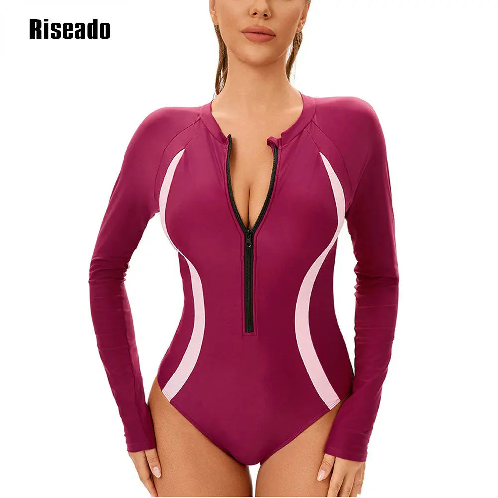 Women's One Piece Swimsuits Long Sleeve Rash Guard UV Protection Surfing Bathing Suit Large Size 3XL