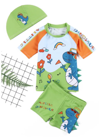 Kids Boy Swimsuit Letter Dinosaur Print Two-Piece Suits 3PCS Cartoon Children Board Shorts Children Boys Swimwear Surfing Suit