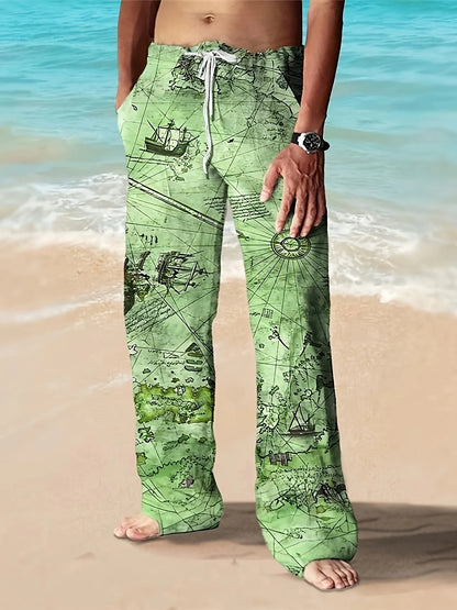 Summer Men's Cotton Linen Casual Pants Retro Ethnic Printing Mid Waist Drawstring Closure Large Size Wide Leg Beach Pants