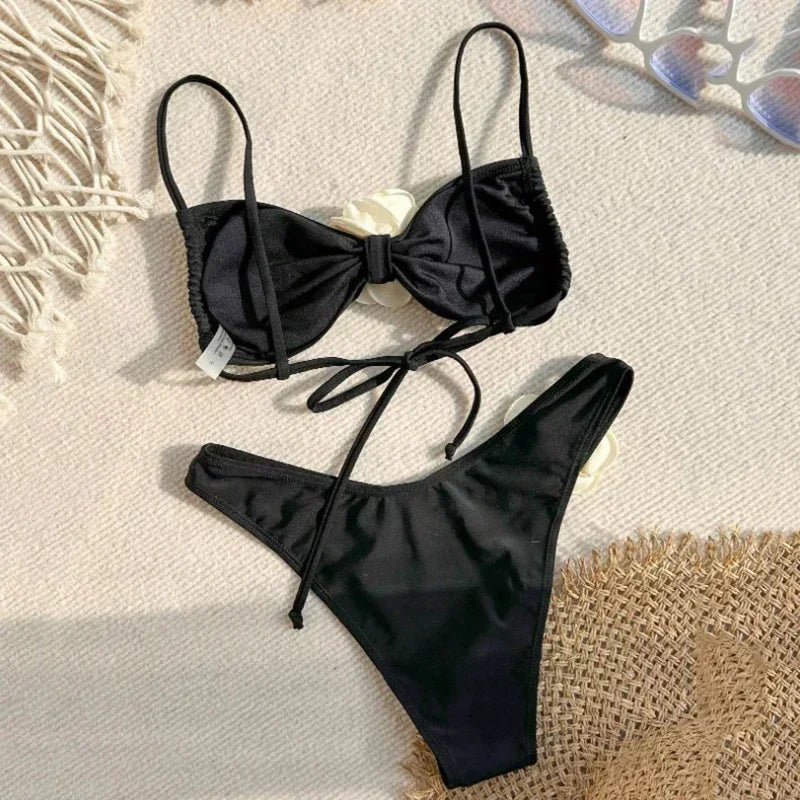 Flower Bandeau Swimwear Thong Bikini Women Lace-up Swimsuits Swimming Bathing Suit Brazilian Bikinis Set Mujer Biquini