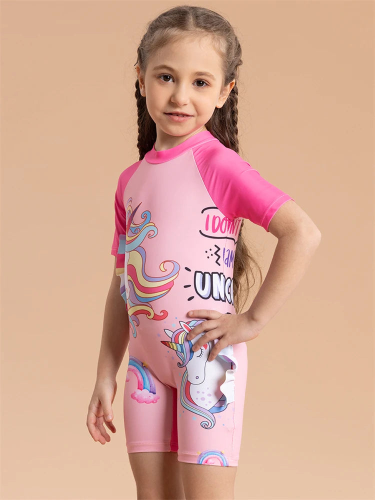 Girls Kids Swimsuit Rainbow Horse Siamese Short Sleeves Children Swimwear Summer One Piece Beach Bathing Suit Swimming