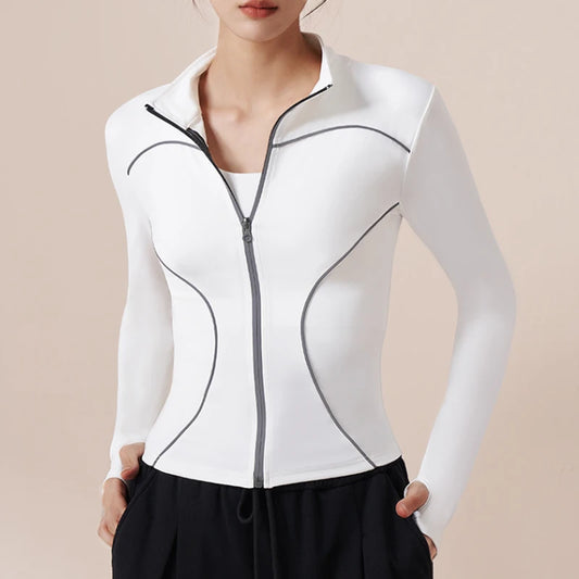 Slim Fit Yoga Jackets Reflective Stripe Safe Night Run Long Sleeve Women Sports Jackets Thumbhole Gym Tops Quick Dry