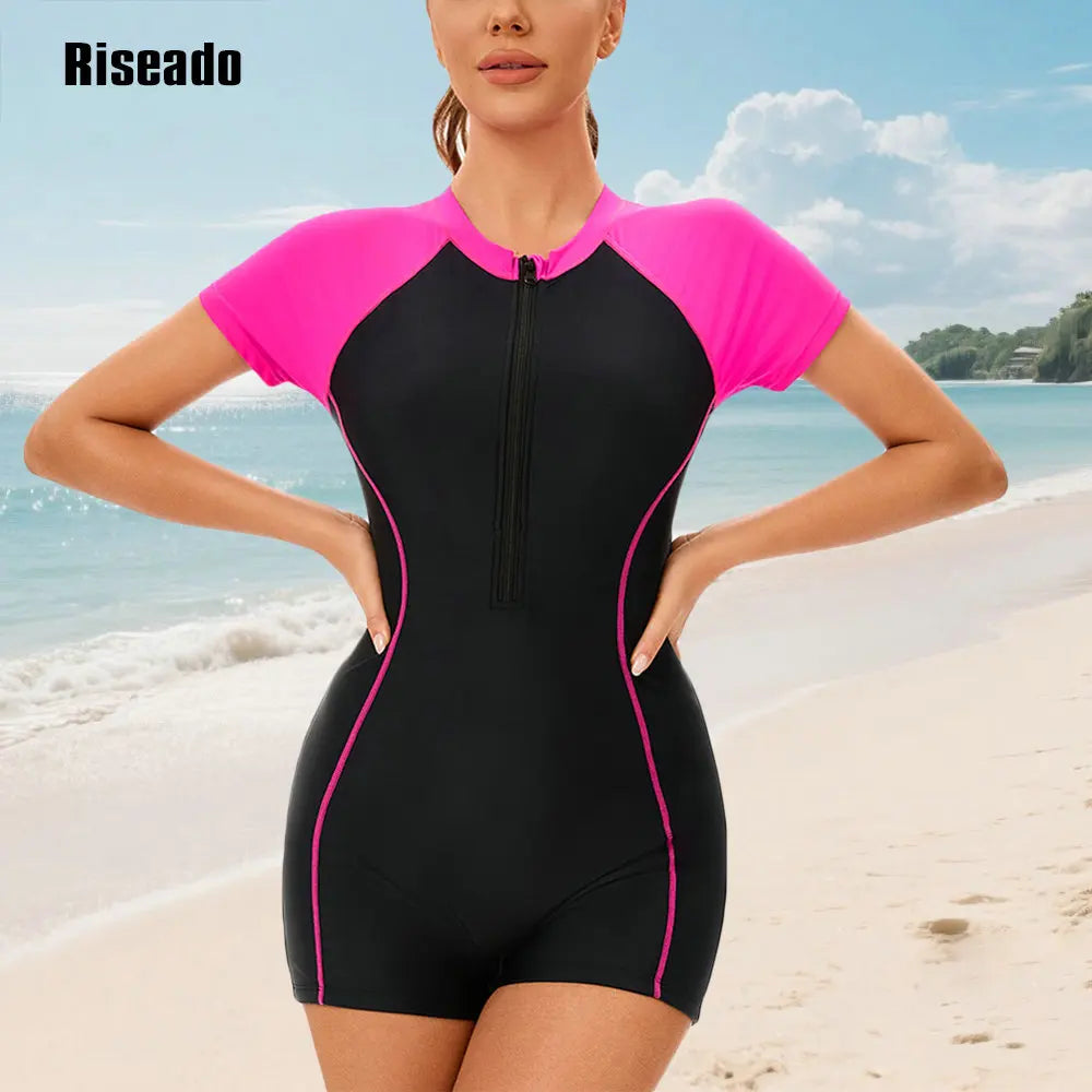 Womens Athletic Swimwear Short Sleeve Zip Front One Piece Swimsuit Full Body Modest with Boyshorts