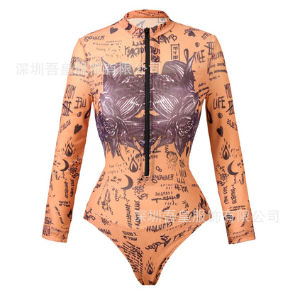 Rash Guard  Beach Print One Piece Swimsuit Beachwear Sun Protection Quick-drying Slim Long Sleeve Swimwear Swimsuit Monokini Vacation