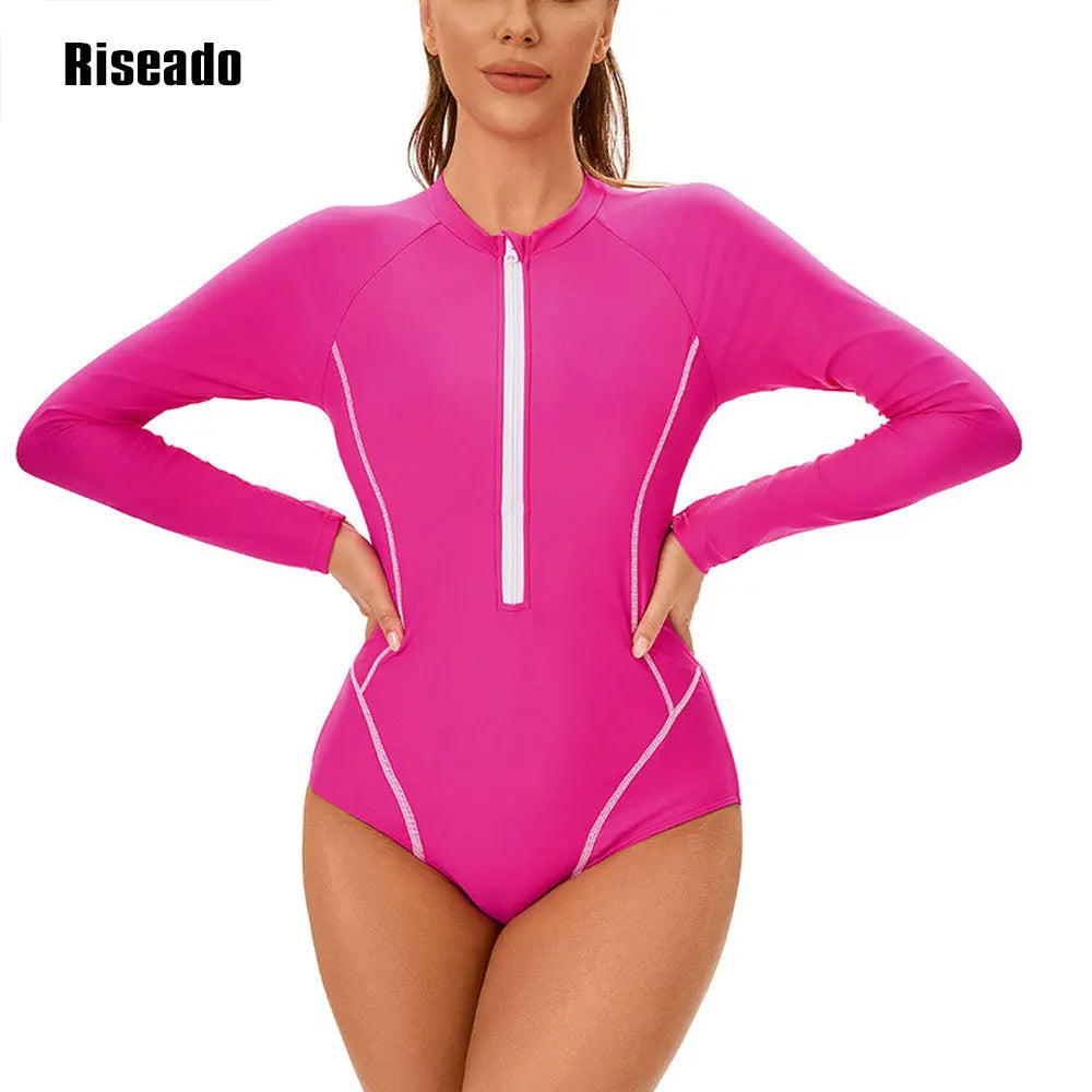 Riseado Womens Athletic One Piece Swimsuits Long Sleeve Sports Surfing Swimwear Bathing suits