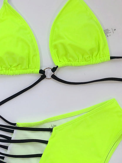 V Neck Print Hollow Bikini Set High Cut Halter Swimsuit For Women Backless Tied 2 Piece Swimwear Bathing Suit