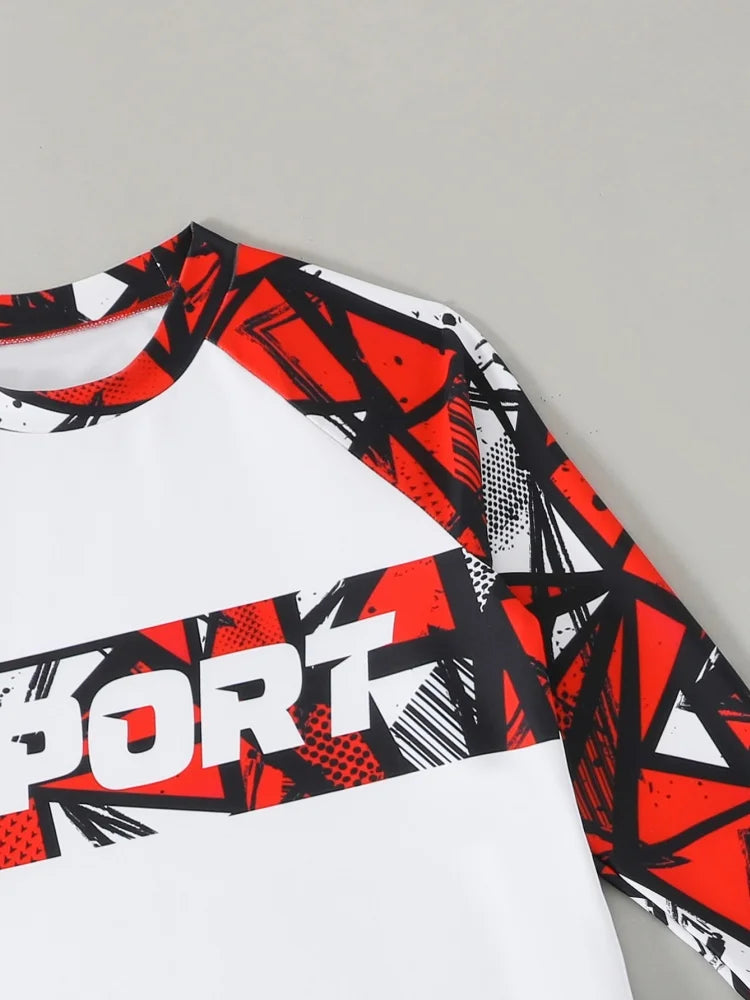 Boy Kids Swimsuit Red Print Long Sleeves Children Swimwear Summer Two Piece Shorts Beachwear Bathing Suit For Swimming