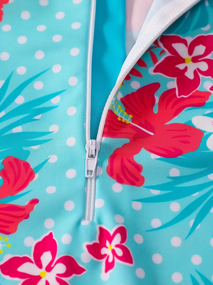 Blue Swimwear Kids Girl Long Sleeve Swimming Suit Tropical Plants Floral Print Swimsuit Bikini-Cut Bottom Hot Summer Beach Water