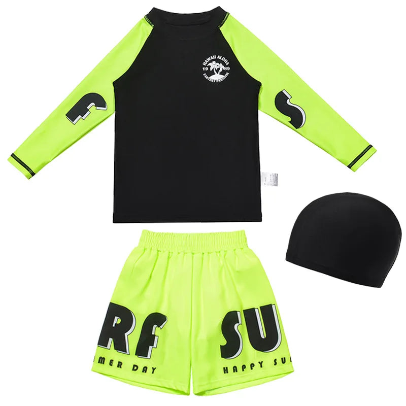 3 Pcs New Boy's Swimsuit Sun Protection UPF 50+ Long Sleeve Swimming Sunsuit With Hat Split Children Fluorescent Bathing Suits