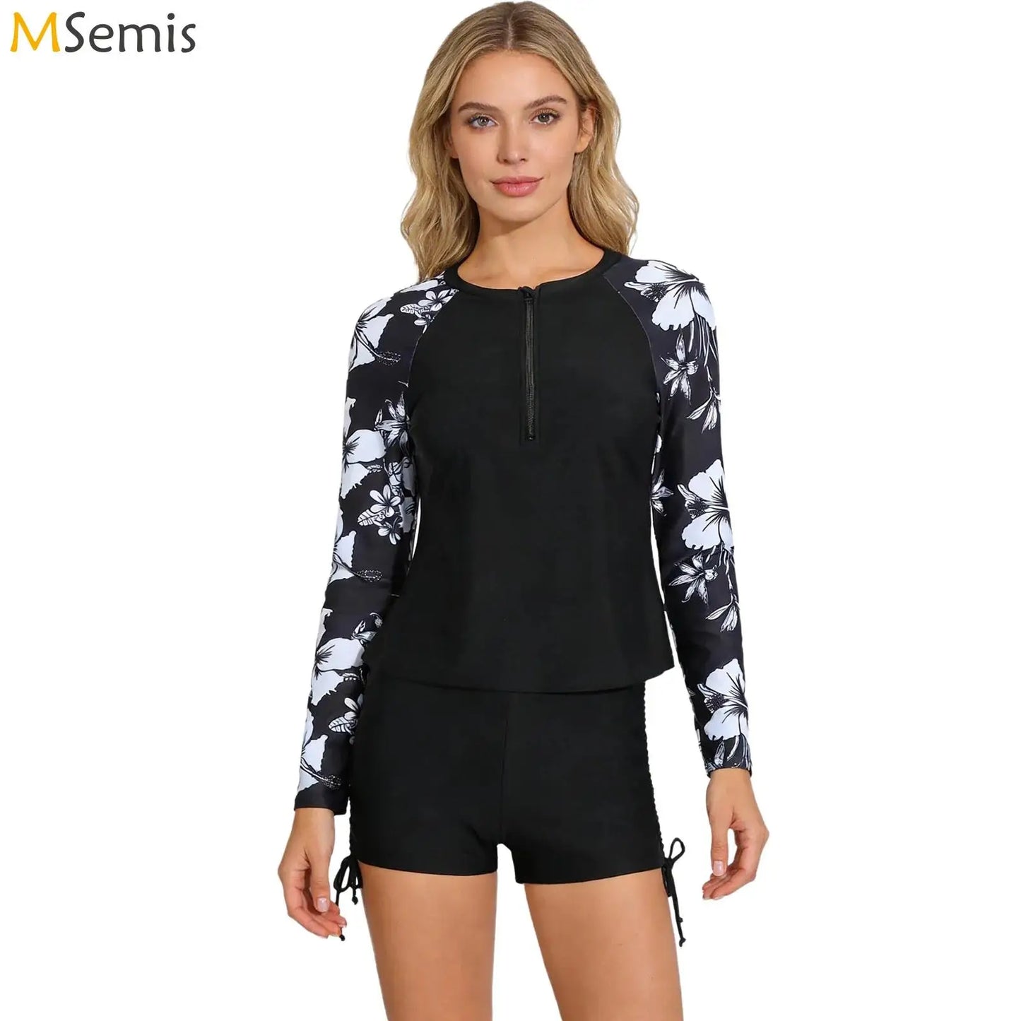 Womens Swimwear Athletic Swim Sets Print Long Sleeve Half Zipper Wireless Chest Pads Top with Side Drawstring Shorts Swimsuit