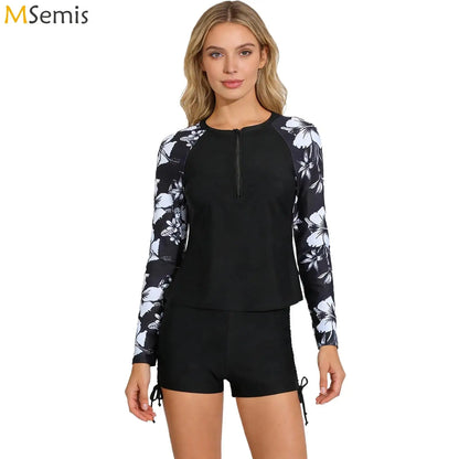 Womens Swimwear Athletic Swim Sets Print Long Sleeve Half Zipper Wireless Chest Pads Top with Side Drawstring Shorts Swimsuit
