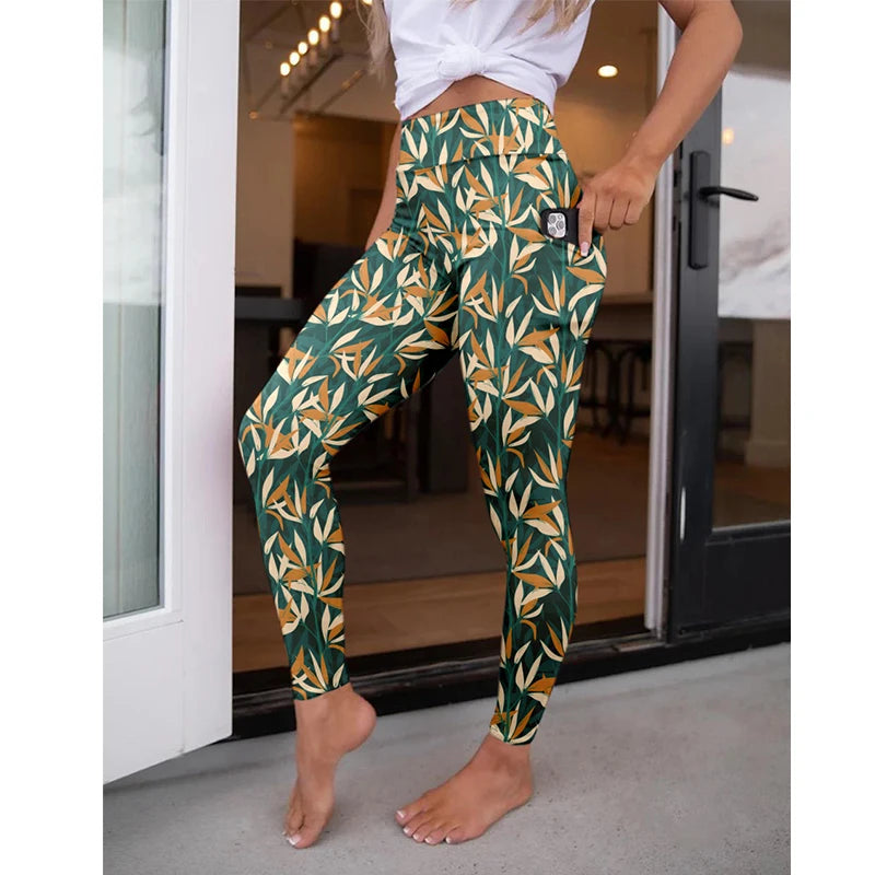 High Waist Women's Fitness Leggings 3D Digital Print Sexy Pocket Elastic Pants Fashionable Gym Trousers