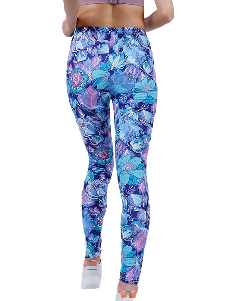 Women's Blue Floral Print Leggings Lady Skinny Stretch Leggins Fitness High Elastic Pencil Pants Stretch Tights