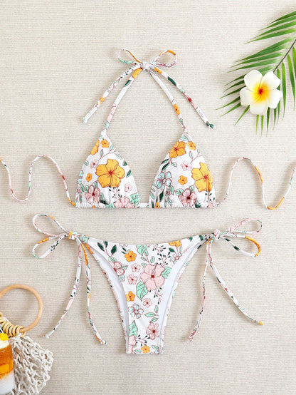 Tie Dye Gradient Mini Bikini Women Halter Push Up Bra Tie Side Thong Swimsuit Beach Pool Holiday Bathing Suit Swimwear