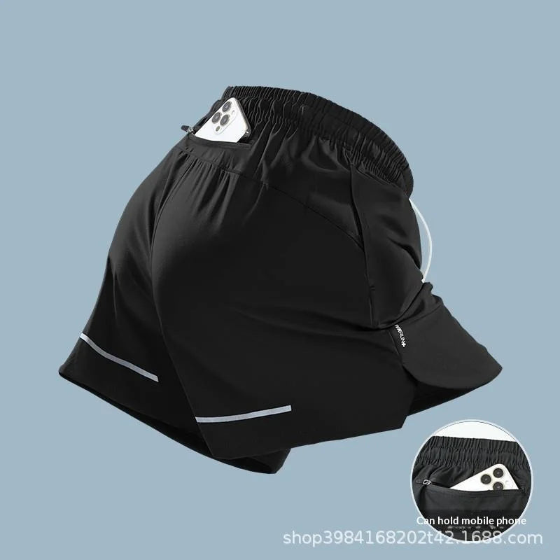 Mens Ice Silk Running Shorts Quick Dry Marathon Three Quarter Length With Phone Pocket Summer Professional Sports Shorts