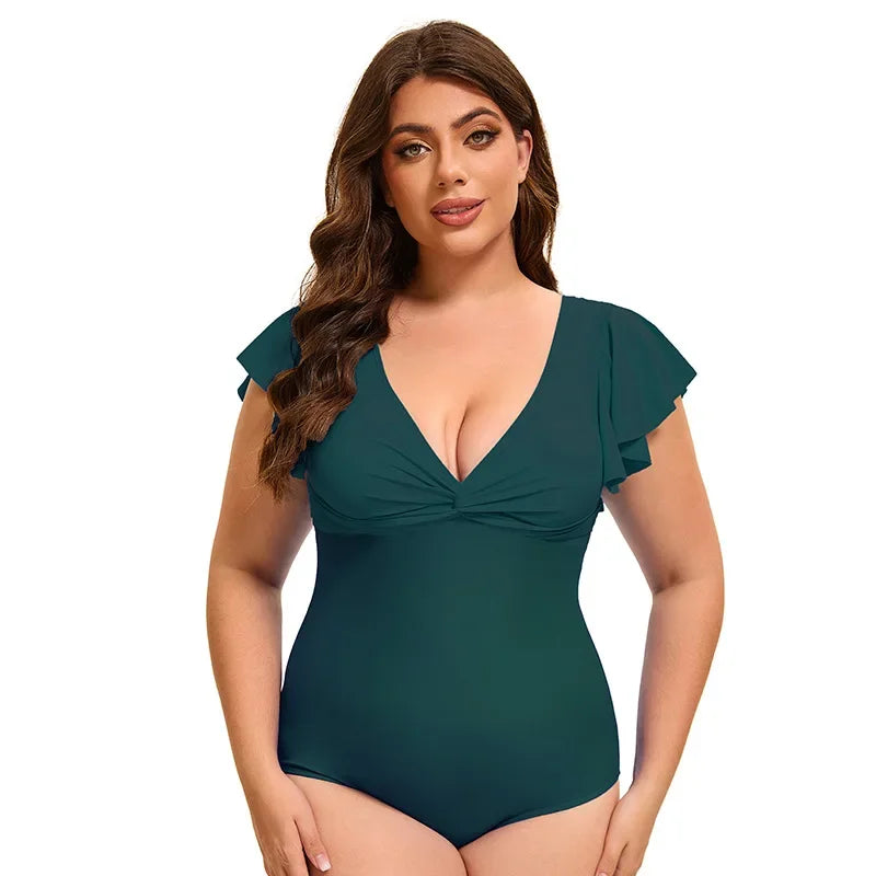 Swimsuit Plus Size Color Block One-Piece Swimsuit with Flounce Sleeves Swimwear XL-5XL