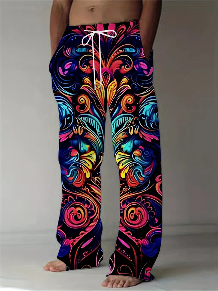 Fashion Men's Casual Pants Vintage Ethnic Print Men's Casual Pants Beach Travel Wide Leg Pants Street Oversized Men's Trousers