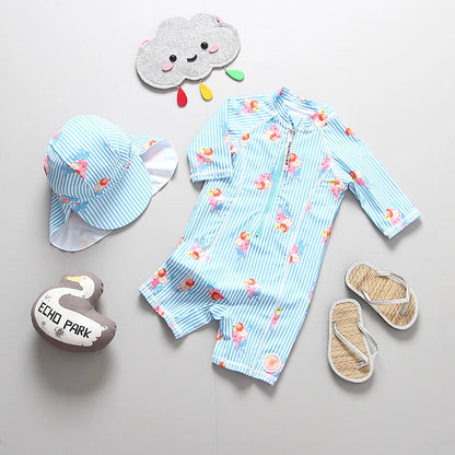 Baby Swimsuit UPF50 UV Protection Kids Swimwear for Girls Long Sleeve Bathing Suit Toddler One-Piece Cartoon Infant Beachwear