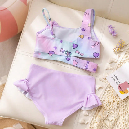 Little Girls Swimsuit High Waist Bikini Ruffle Swimwear Female Solid Children Bathing Swimming Swim Suit 4-7Y