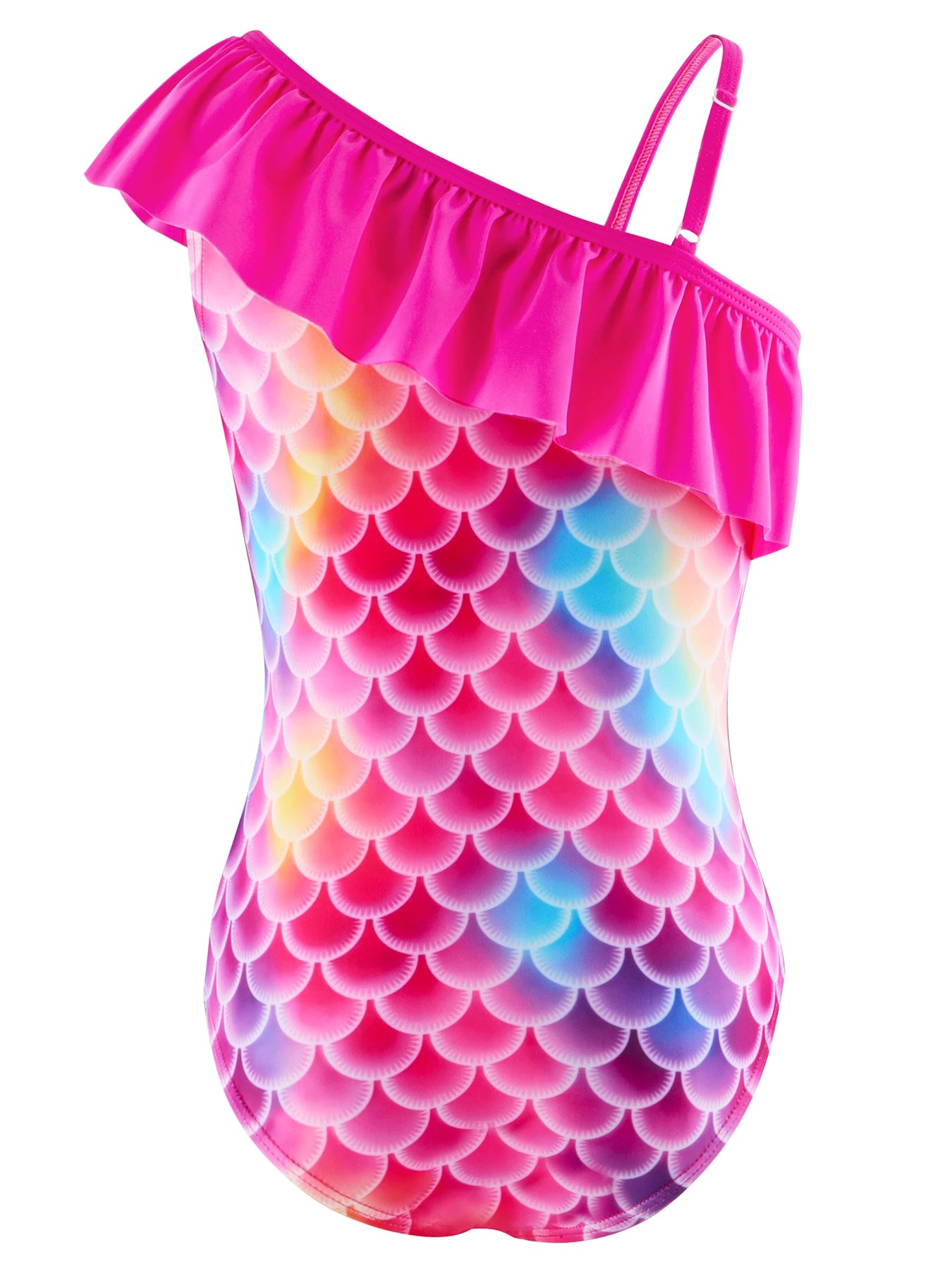 Swimming Suit Kids, One-Piece Swimwear, Girls Summer Clothes, One Shoulder Design with Ruffle, 3D Scale