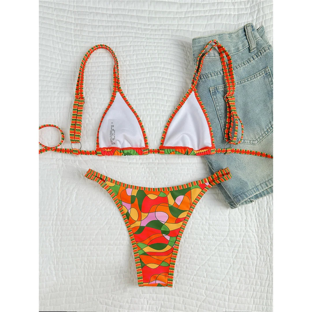 XS - L Printed High Leg Cut Padded Bikini Female Swimsuit Women Swimwear Two-pieces Bikini set Bather Bathing Suit Swim
