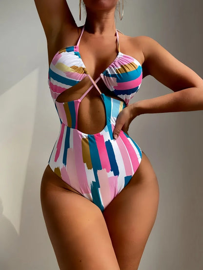Halter String One Piece Printed Swimsuit Women Hollow Swimwear Female Bathers Bathing Swimming Suit Padded Beachwear