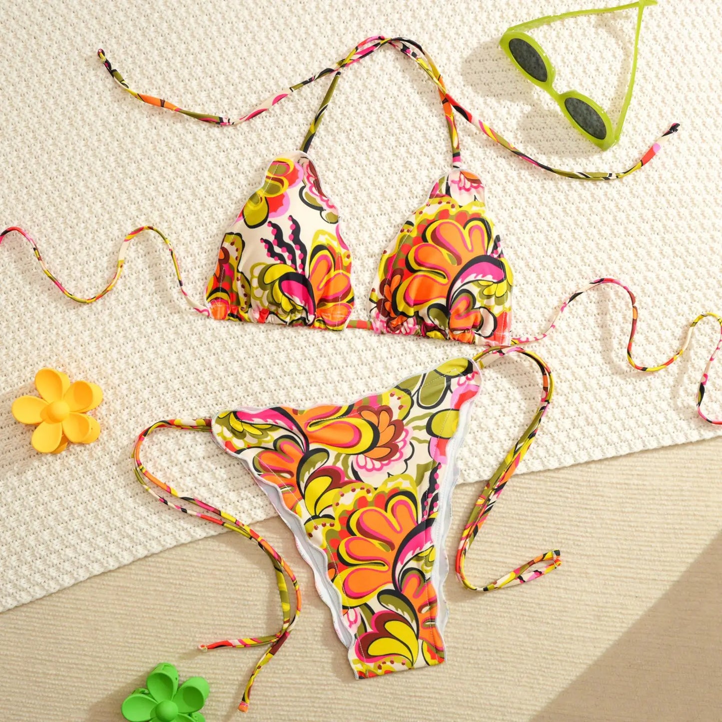 Orange Floral Print Micro Bikini Women Ruffles Push Up Bra Tie Side Thong Swimsuit Beach Bathing Suit Holiday Swimwear