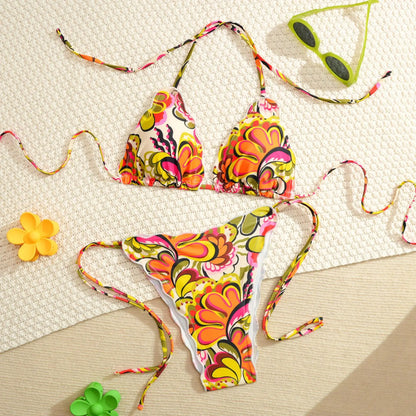 Orange Floral Print Micro Bikini Women Ruffles Push Up Bra Tie Side Thong Swimsuit Beach Bathing Suit Holiday Swimwear