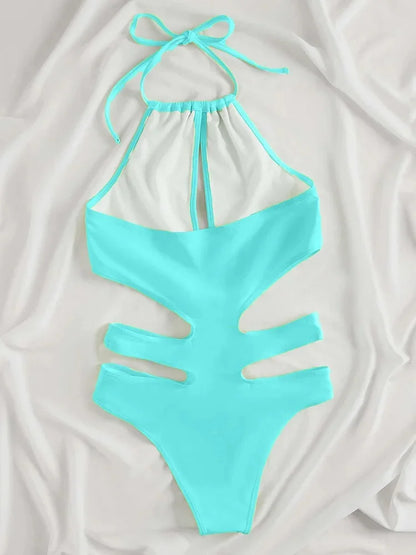 Neon Colours Halter Women Swimwear One Piece Swimsuit Female Hollow Out Monokini Bather Bathing Suit Summer Beach Wear Bodysuit